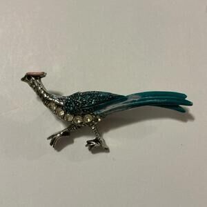 Vintage 1950 Turquoise Blue Rhinestone Enamel Roadrunner Peacock Brooch Pin